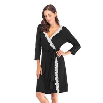 

2020 Loose Women Robe Sexy Lace Up Night Mini Dress Long Sleeve Lace Patchwork V Neck Sleepwear Summer Lounge Dress Nightgown