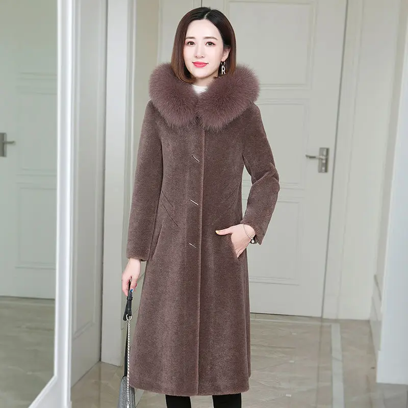 

Autumn Winter Women Woolen Long Wool Coat Slim Dames Jacket Fur Collar Cashmere Coat Jacket Female Overcoat Fox collar 4XL
