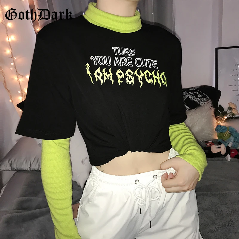 

Goth Dark Fashion Gothic Letter And Graphic Printing T-shirts Patchwork Turtleneck Long Sleeve T-shirt Autumn Streetwear 2020