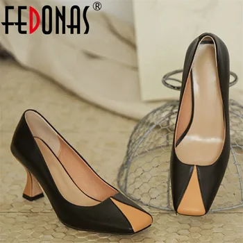 

FEDONAS Brand Design Pumps Women Spring Autumn Genuine Leather High Heels Office Party Shoes Woman Square Toe Shallow Pumps
