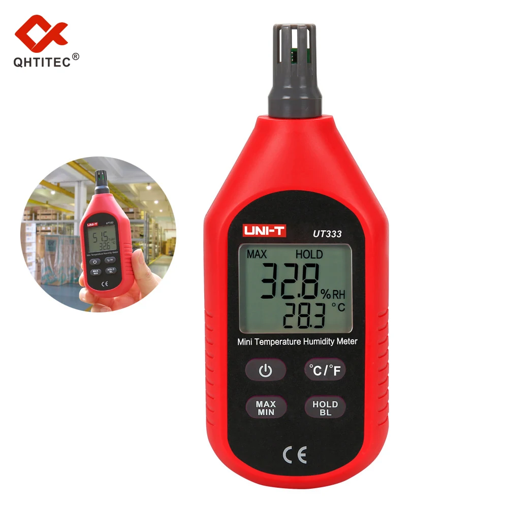 

QHTITEC Mini Handheld Temperature Humidity Meter UT333 Digital Industrial Air Detector MAX/MIN Modes LCD Backlight Hygromet