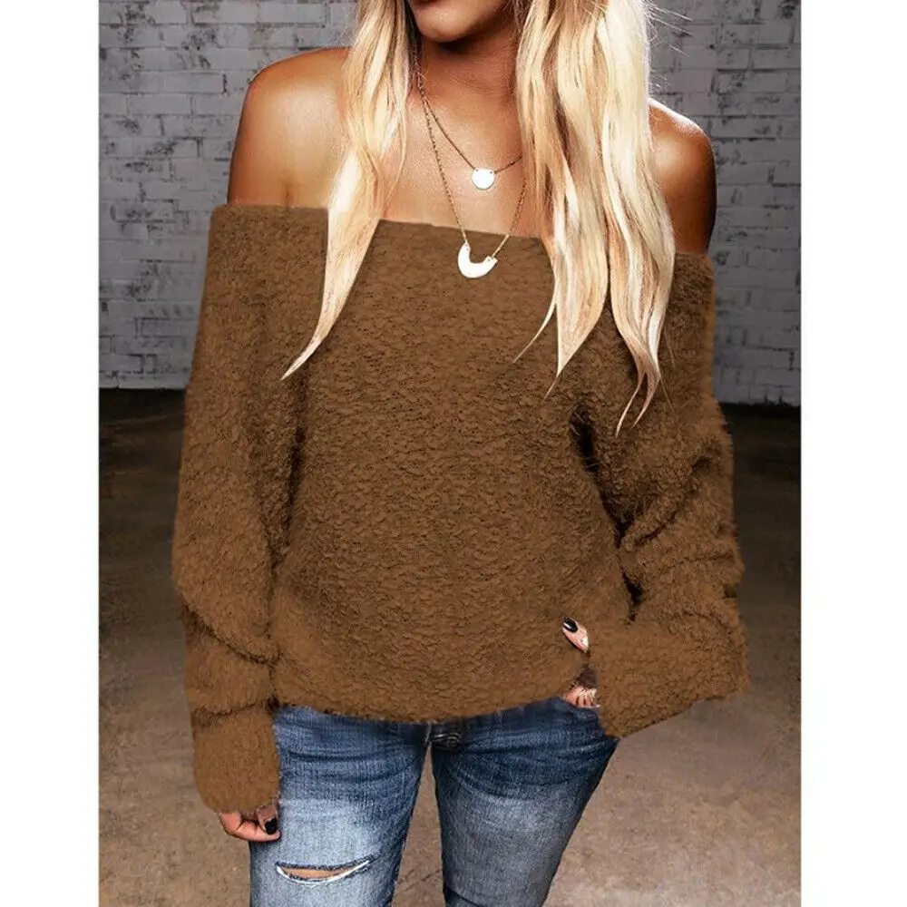 Women Long Sleeve Off-Shoulder Knitted Pullovers Sweater Cold Shoulder Plain Color Sweater