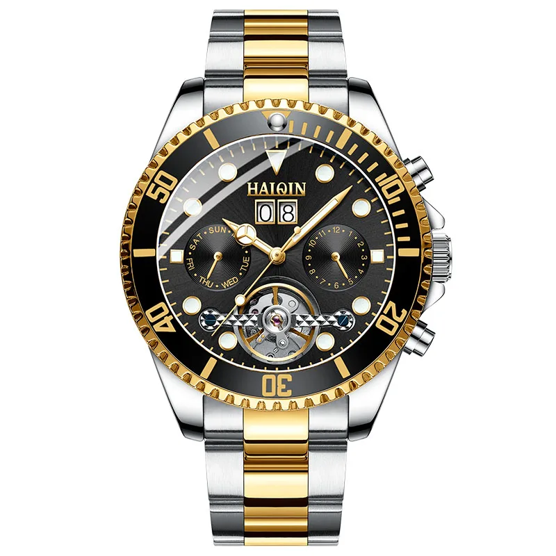 HAIQIN, Мужские автоматические механические часы, новинка, водонепроницаемые, светящиеся, Авто дата, неделя, наручные часы, мужские спортивные Tourbillon, деловые часы - Цвет: Gold Black