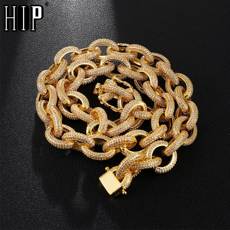 

Hip Hop 12MM Iced Out AAA CZ Twisted Oval Cuban Link Chain Necklace Big Clasp Gold Silver Color Zircon For Men Copper Jewelry