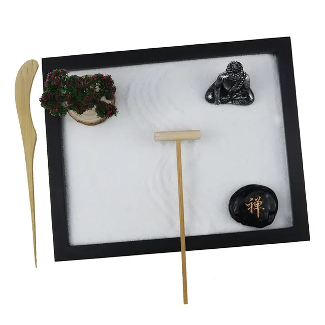 Mini Zen Garden Sand Table Ünnepi Figurák Rake Rocks Tree Buddha Szoborok Ajándékok A Stressz -Segélyek Otthoni Irodájához - Image 3