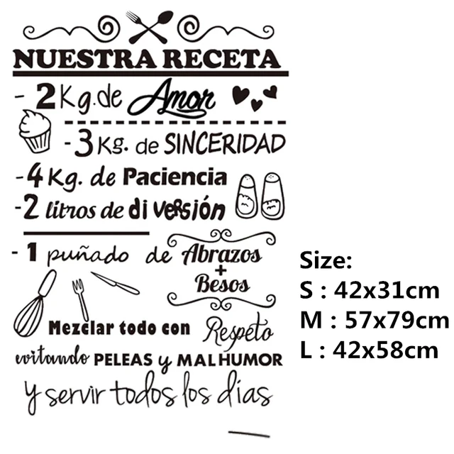 Removable Spanish Quote Recipe Wall Stickers Decor Biblical Character Vinyl Art Kitchen Decor Restaurant Window Decals HY9996 RU490