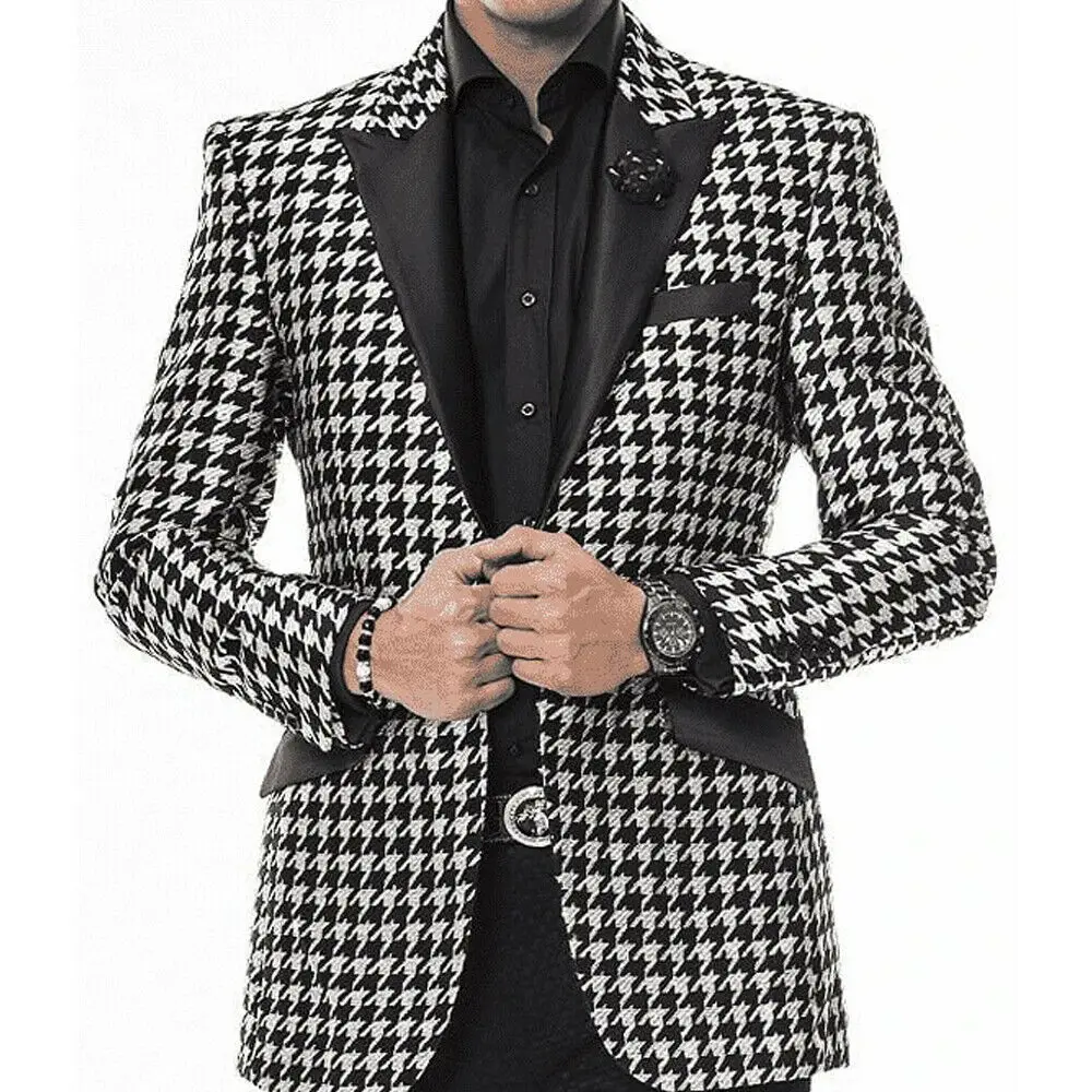 

Formal Black Peaked Lapel Houndstooth Men's Suit For Business Wedding Dinner Prom Tuxedos Groomsman Work Wear Custom Blazer