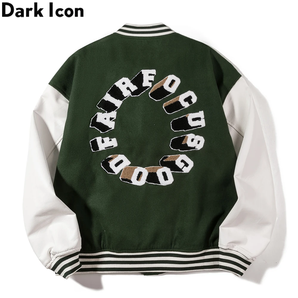 Dark Icon Embroidery Baseball Jacket Men Leather Patchwork High Street Men's Jackets Black Green