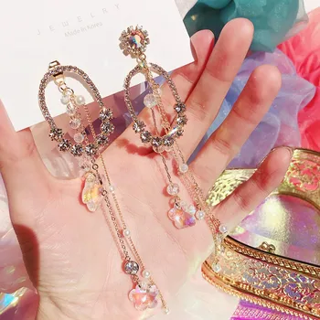 

MENGJIQIAO 2020 New Korean Luxury Crystal Circle Drop Earrings For Women Acrylic Flower Long Tassel Pendientes Party Jewelry