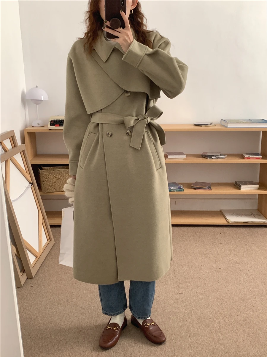 Vintage Lapel Detachable Shawl Faux Wool Blend Coats 2022 New Korean Long Jackets Two-piece Double-sided Woolen Coat bubble coat women