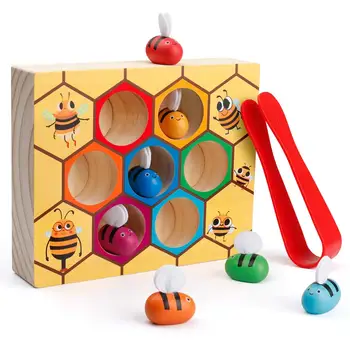 

Clamp Bee to Hive Matching Game Fine Motor Skill Toy Montessori Wooden Color Sorting Puzzle Learning Gift for 2 3 4 Years Old