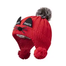  Newborn Girls Boys Winter Warmer Wool Fur Kids Cap Pompom Ball Cartoon Cat Ears Knit Warm Children Hats photography props 