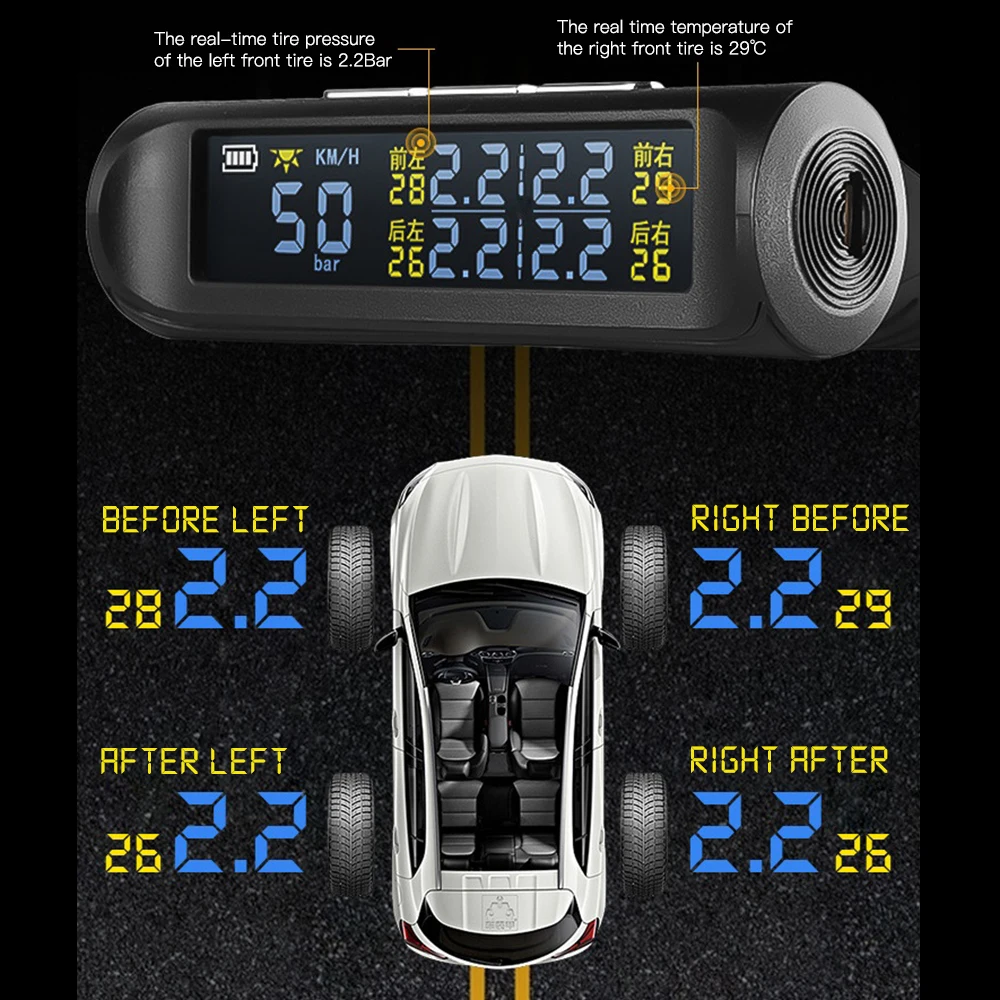 Автомобильный HUD gps дисплей, измеритель скорости, солнечная зарядка, TPMS(бар)/км/ч/температура в шинах, светодиодный, цифровой, автоматический сигнал о превышении скорости