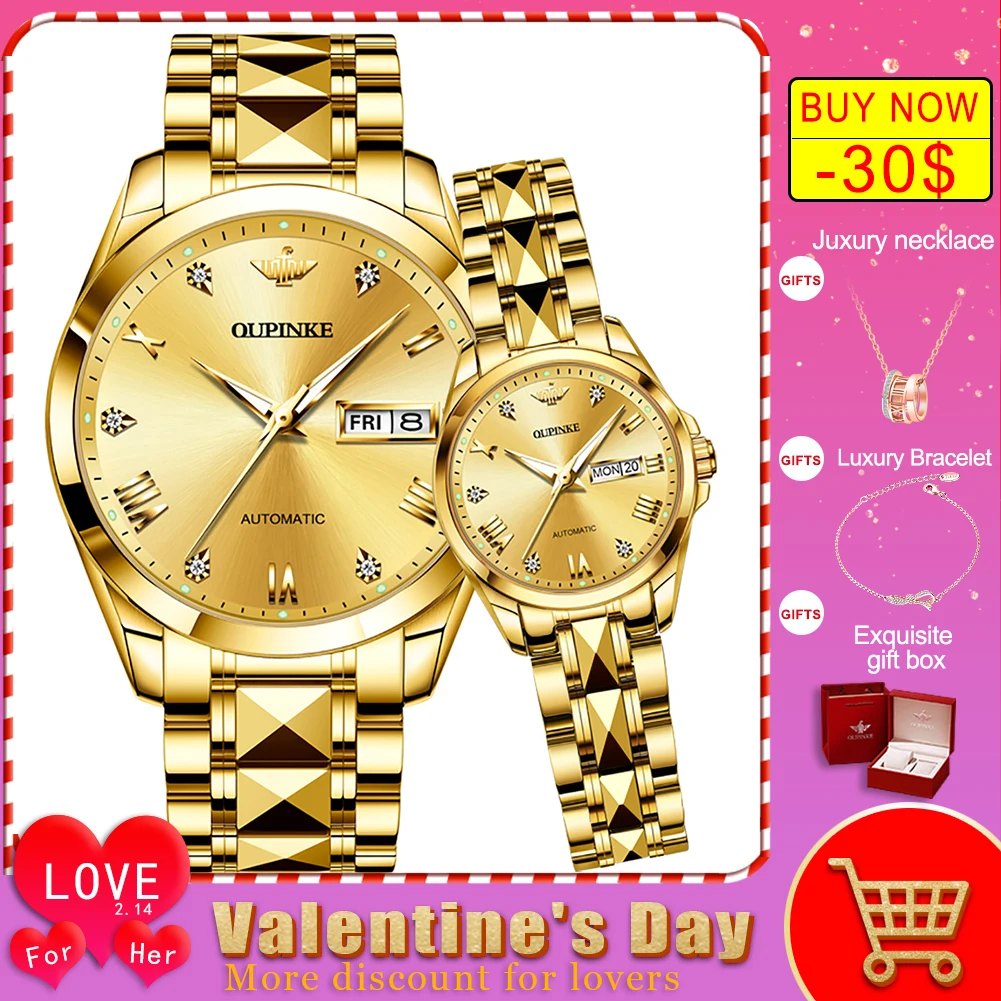 Liquidación OUPINKE-Reloj de pulsera para hombre y mujer, accesorio de pulsera suizo a juego, automático, regalos de San Valentín ezYoMZ9rM6x