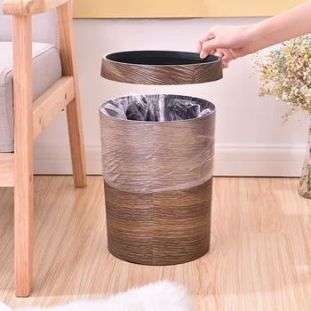 

1PC Plastic Trash Bin Household Rubbish Can No Lid Trash Can Retro Wood Grain Trash Bin Kitchen Rubbish Bin for Room Toilet Hote