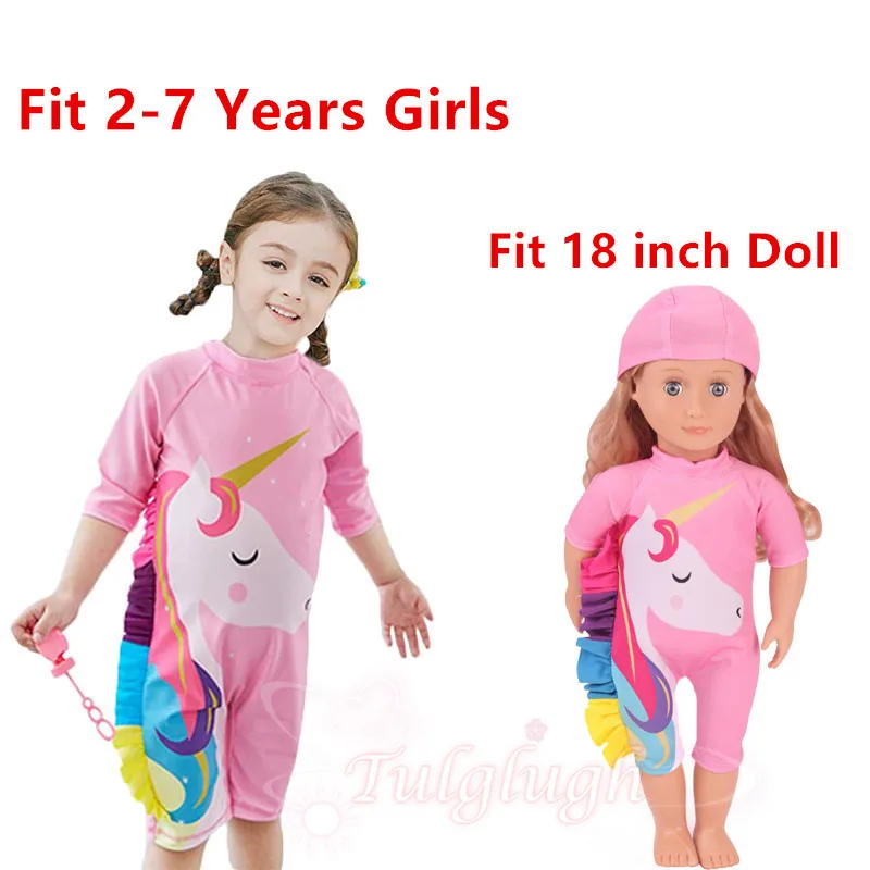 핫 인형과 소녀 매칭 유니콘 원피스 핑크 수영복, 18 인치 미국 인형 옷