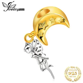 

JewelryPalace Gold Moon Star Fairy Dangle Charm Bead fit Bracelet 925 Sterling Silver Charms Women Jewelry Making