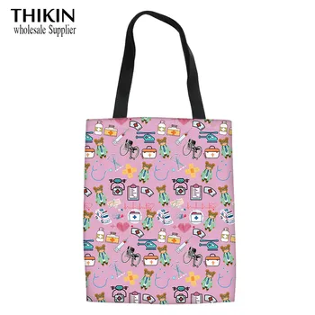 

THIKIN Cute Nurse Bear Pattern Women's Shoulder Bag Cartoon Top-handle Bags for Women 2019 Casual Canvas Large Linen Tote Bags