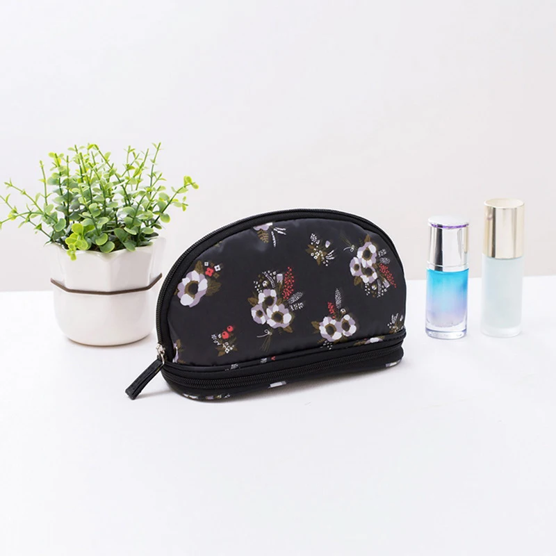 Portable Cosmetic Bag Double Layer Travel Makeup Pouch Bags Circular Woman Make Up Bag Navy Feather