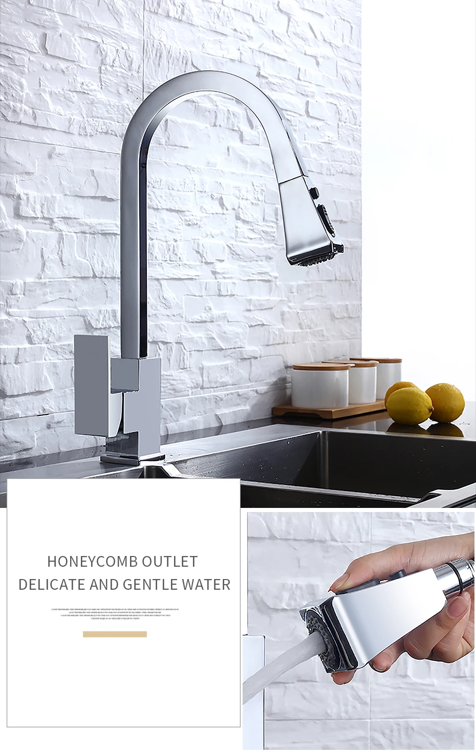 Kitchen Faucets Square Black Single Handle Pull Out Kitchen Tap Single Hole Swivel 360 Degree Rotation Water Mixer Tap 866399R