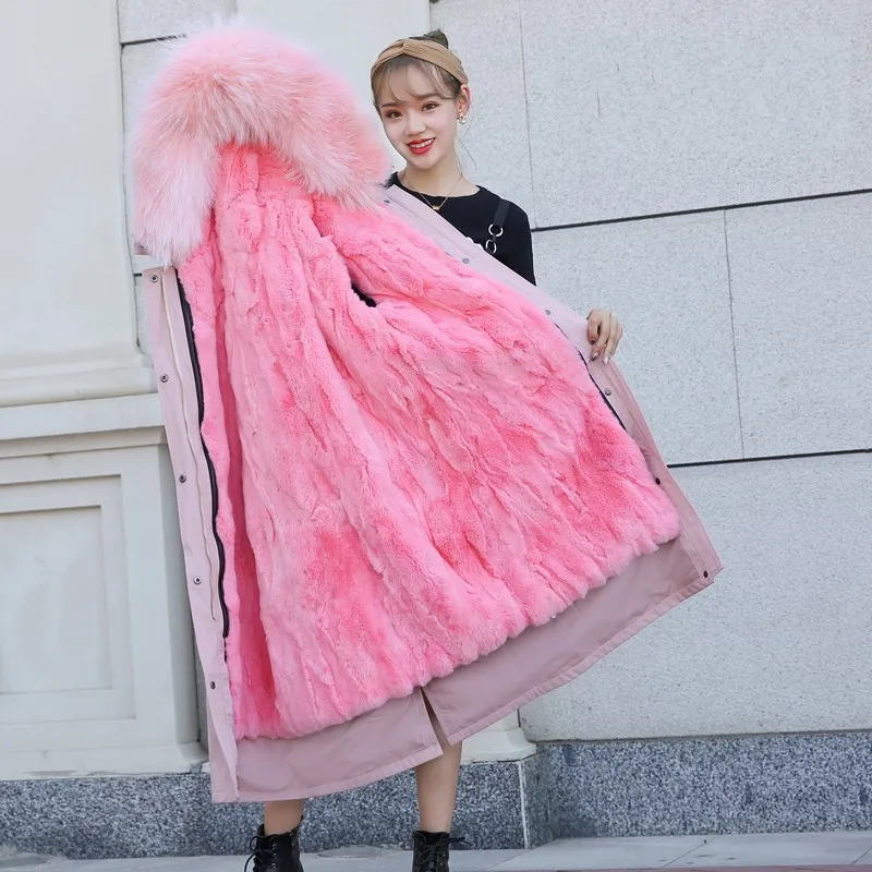 pink long Зимний толстый теплый Настоящий мех кролика пальто для женщин высокое качество натуральный Лисий воротник с капюшоном пальто длинное женское повседневное паракс - Цвет: pink long