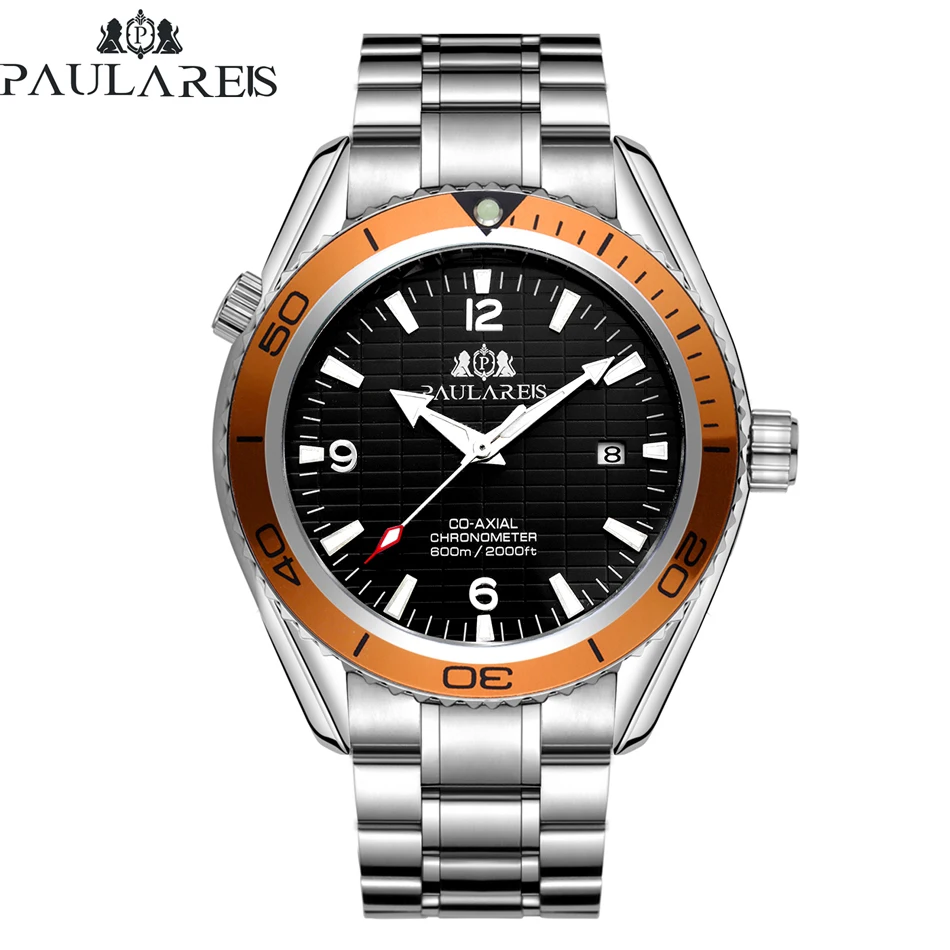 Automatic Self Wind Mechanical Stainless Steel Strap Simple Orange Blue Bezel Date Business Men Watch afbeelding