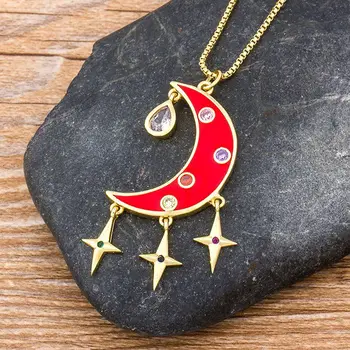 

Top Quality Copper Cubic Zirconia Luxury Moon Star Pendant Chain Necklace Personal Design Statement Fashion Women Jewelry