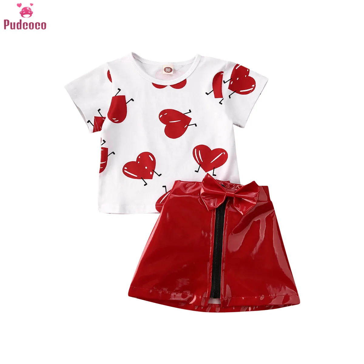 

Valentine's Day Kids Baby Girl Clothes Set Love Printed T Shirt Top PU Leather Mini Skirt Summer Outfit 0-5 Years