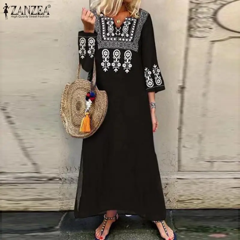 ZANZEA Осень Лето Длинное Платье женское винтажное макси Vestidos богемное цветочное с разрезом плюс размер туника 3/4 рукав v-образный вырез