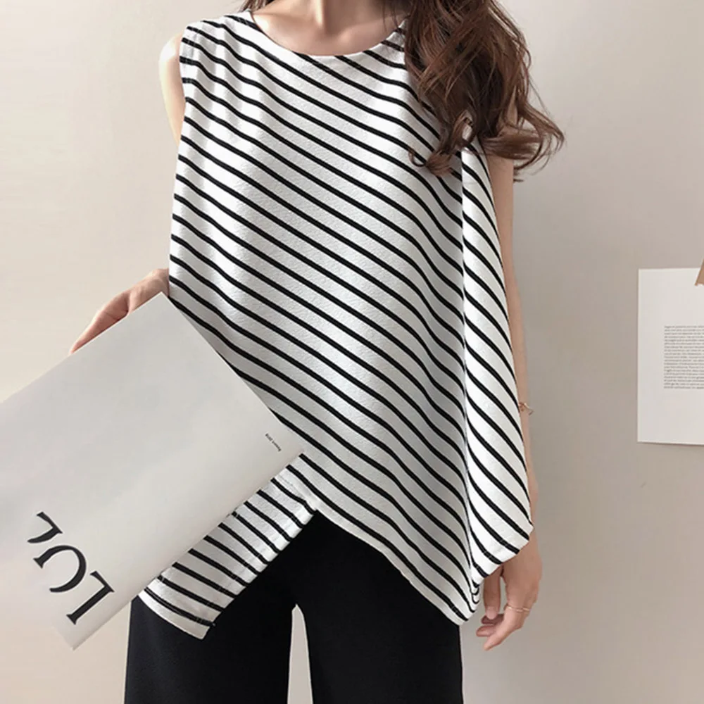 

Korean Style Fashion Chic Sleeveless Stripes T-Shirt Loose Round Neck Asymmetric Office Ladies T-Shirt Female Summer Tops