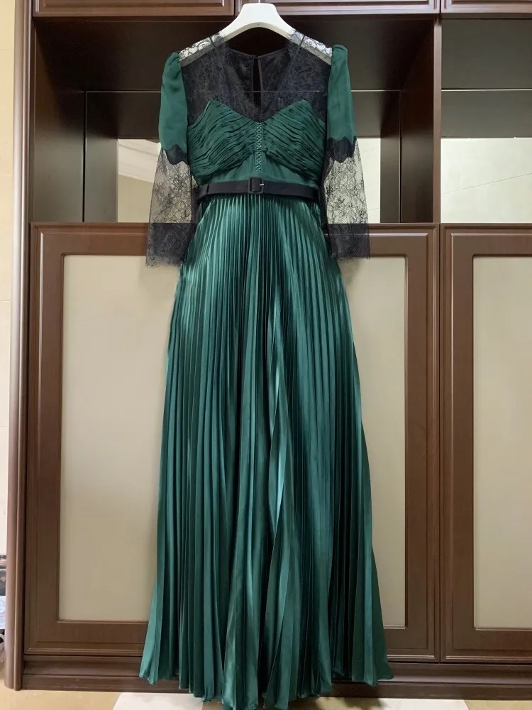 Осень Винтаж зеленый бархат кружева из кусков, v-образный вырез, длинные вечерние платья Для женщин с длинным рукавом драпированное платье макси платье Self Portrait