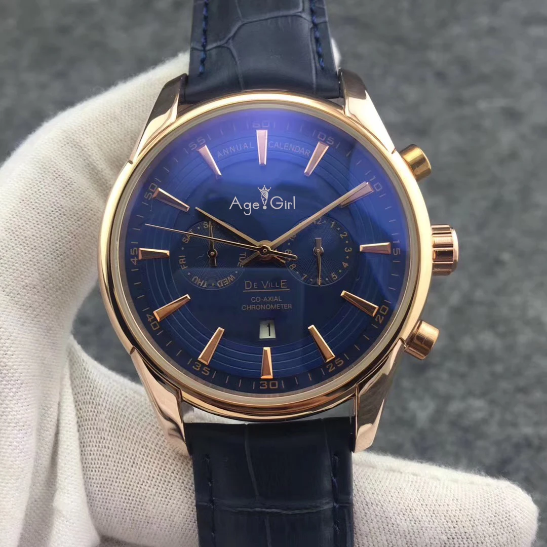 

Luxury Brand New Men Automatic Mechanical Watch Rose Gold Leather Black Blue Multifunction Calendar Sapphire Transparent Rome