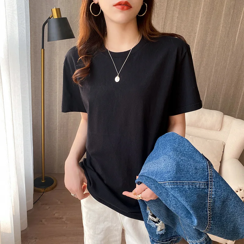 

100% summer new combed cotton solid short sleeve women's T-shirt with lover's round neck bottom shirt, loose and thin T-shirt