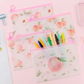 

Pink Peach Ring Zipper File Bag Student Large Capacity Stationery Pencil Bag Storage Bag