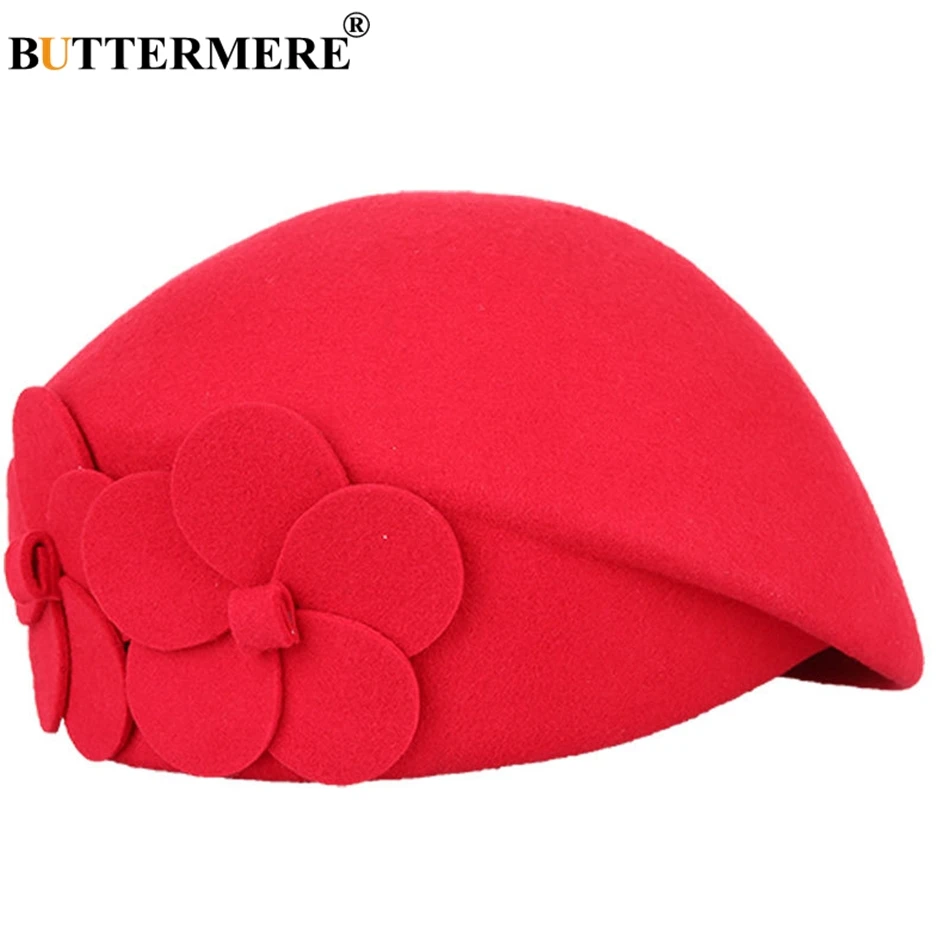 BUTTERMERE Elegant Hats For Ladies Wool Red Fedoras Flower Grace French Berets Women Cap Solid Warm Autumn Winter Felt Hat Black