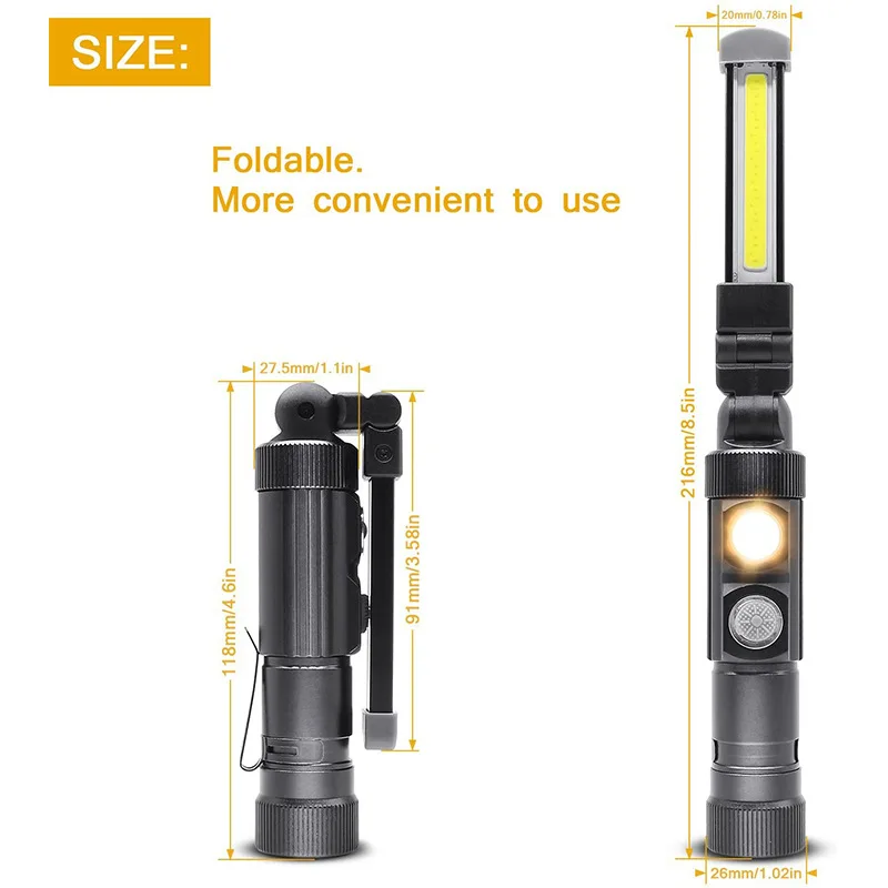 

Cob Multi-Functional Auto Repair Lamp with Magnetic Work Light Aluminum Alloy Rechargeable Folding Inspection Lamp Outdoor