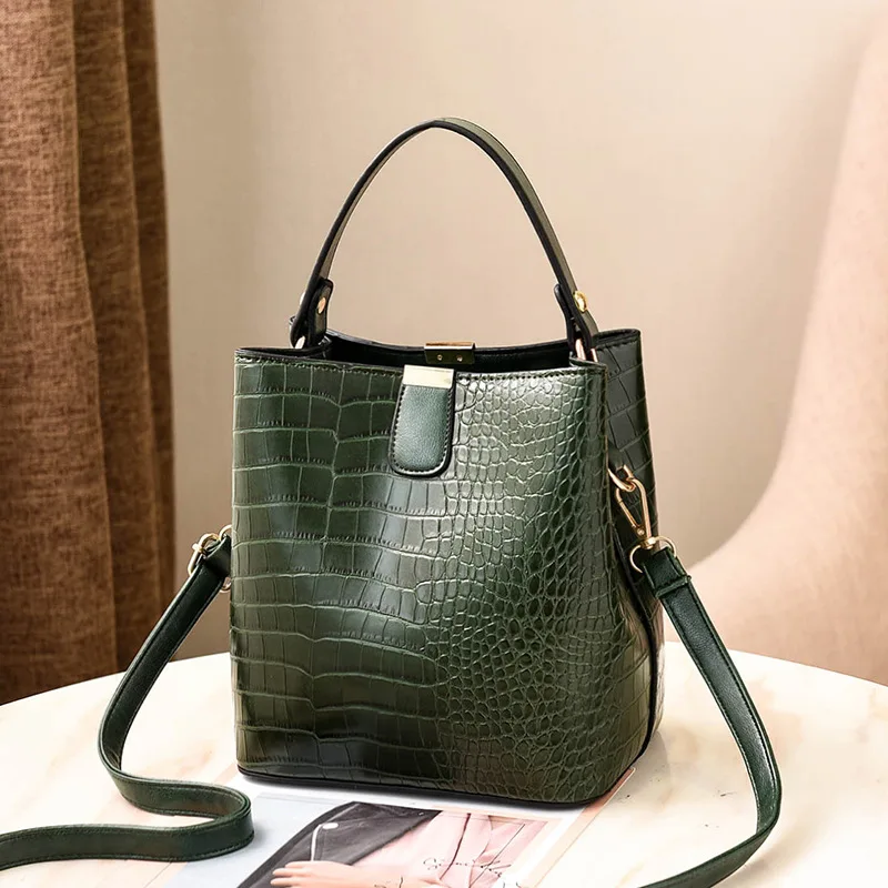 Сумка-мешок женская сумка с текстурой под кожу крокодила вместительная Повседневная крокодиловая сумка через плечо Дамская ПУ кошелек - Цвет: Зеленый