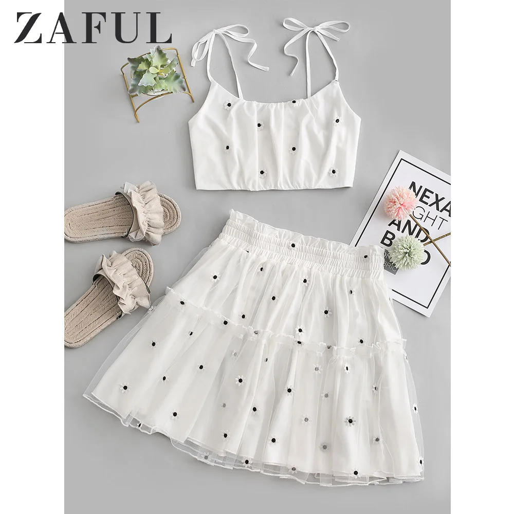 

ZAFUL Floral Embroidered Smocked Mesh Two Piece Suit Tie Shoulder Cami Top A Line High Waist Mini Skirt Women'S Top And Bottom