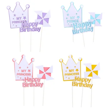 

12PCS Paper Birthday Cake Topper Crown Windmill Cake Inserted Cards Cake Decors