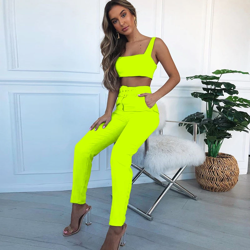 womens two piece sets 2019 Crop Tops Vest pencil trousers Sets Lime Neon  Colour Outfit conjuntos de mujer|Women's Sets| - AliExpress