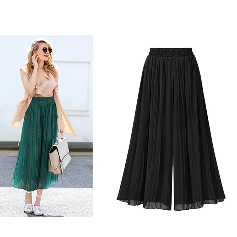 

Women Elastic High-Waist Loose Plus-Size Pants Ladies Fashion Streetwear Wide-Legs Casual Chiffon Waist-Trousers Culotte