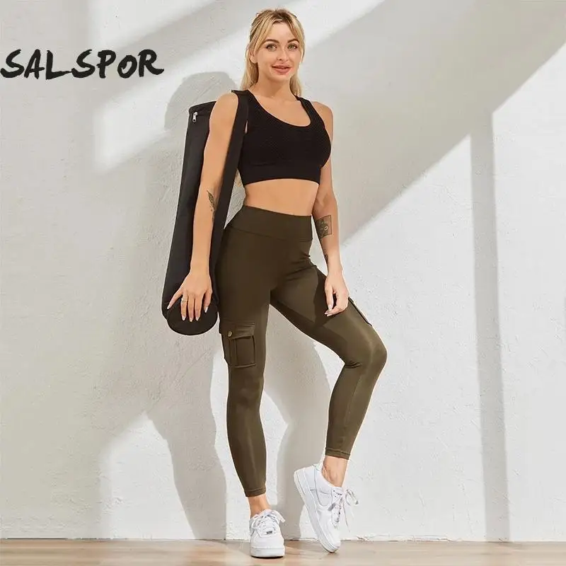 SALSPOR Sports Leggings Women Fitness Pocket Push Up Breathable Sweatpants High Waist Running Workout Slim Fit Gym Legging