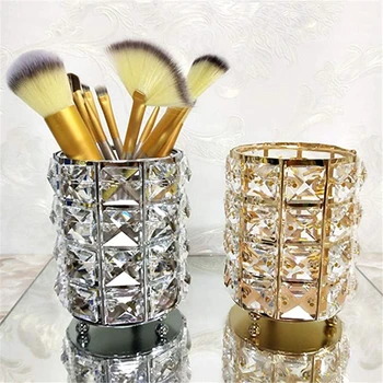 

European Style Metal Crystal Women Makeup Brush Bucket Organizer Jewelry Pearl Cosmetic Storage Box Pencil Vase Comb Container