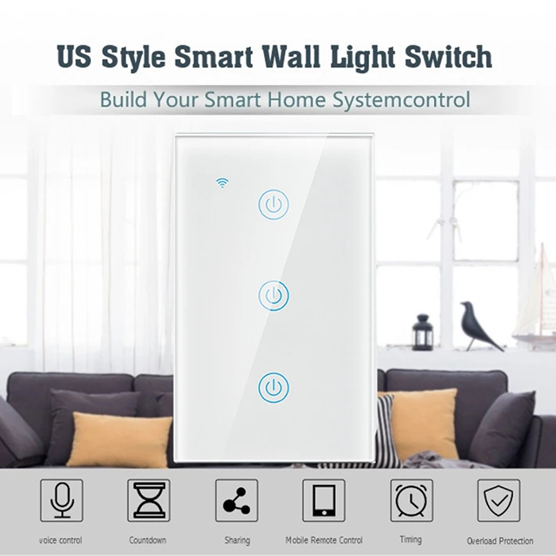 Lonsonho Wifi Smart Switch Tuya Smartlife Wireless Remote Control 1 2 3 Gang US Touch Panel Switch Compatible Alexa Google Home