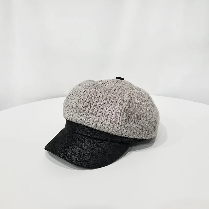 Осенняя и зимняя вязаная восьмиугольная шляпа в стиле ретро, утолщенная и теплая берет живописца - Цвет: grey