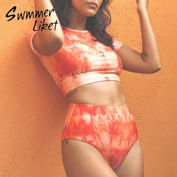 

Orange tie-dye bikini 2020 High waist swimsuit women O-neck swimwear female T-short bathing suit Sports biquini swim suit new