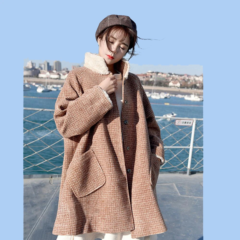 

Winter Coat Women Pink Plaid Woolen Loose Half Turtleneck Coat Lamb Hair Chunky Woollen Overcoat Unique Cuff