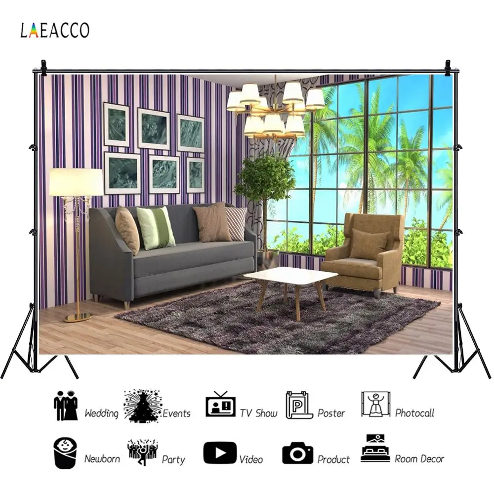 

Laeacco Modern Living Room Sofa Chandelier Carpet Window Coconut Tree Interior Scene Background Photography Backdrop Photostudio