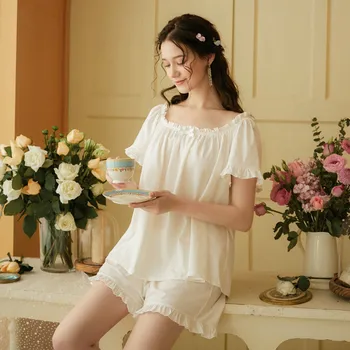 

Short Sleeve Pure Cotton Pajamas Set for Women Summer Large Size Loose Princess Home Clothes Short Pants + Soft Short Sleeve