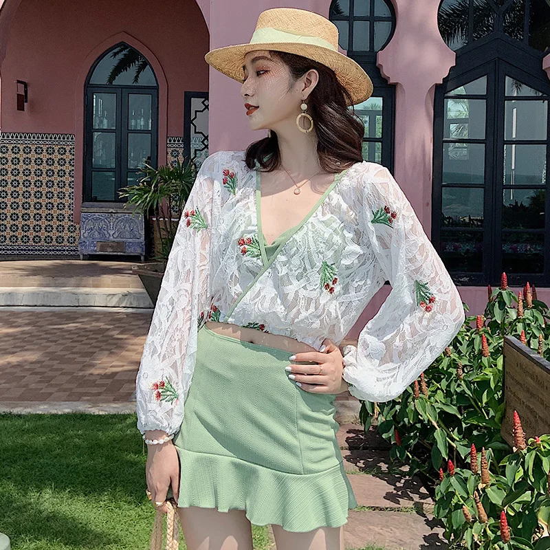

Graceful Sexy Long Sleeve Blouse Skirt Split Type Bikini Four-piece Set Bathing Suit Girls' Swimwear Underwire Small Bust